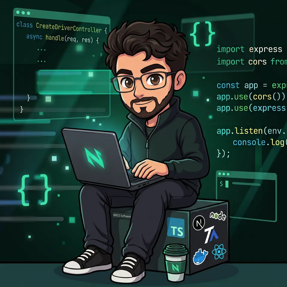Ilustração de Marcos sentado em uma caixa da MVCS Software com adesivos de tecnologias