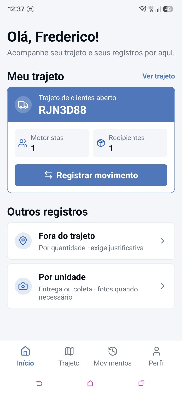 Início e trajeto ativo no aplicativo TrackAssets