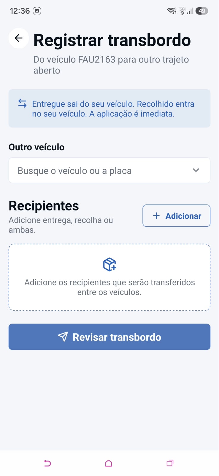 Registro de transbordo no aplicativo TrackAssets