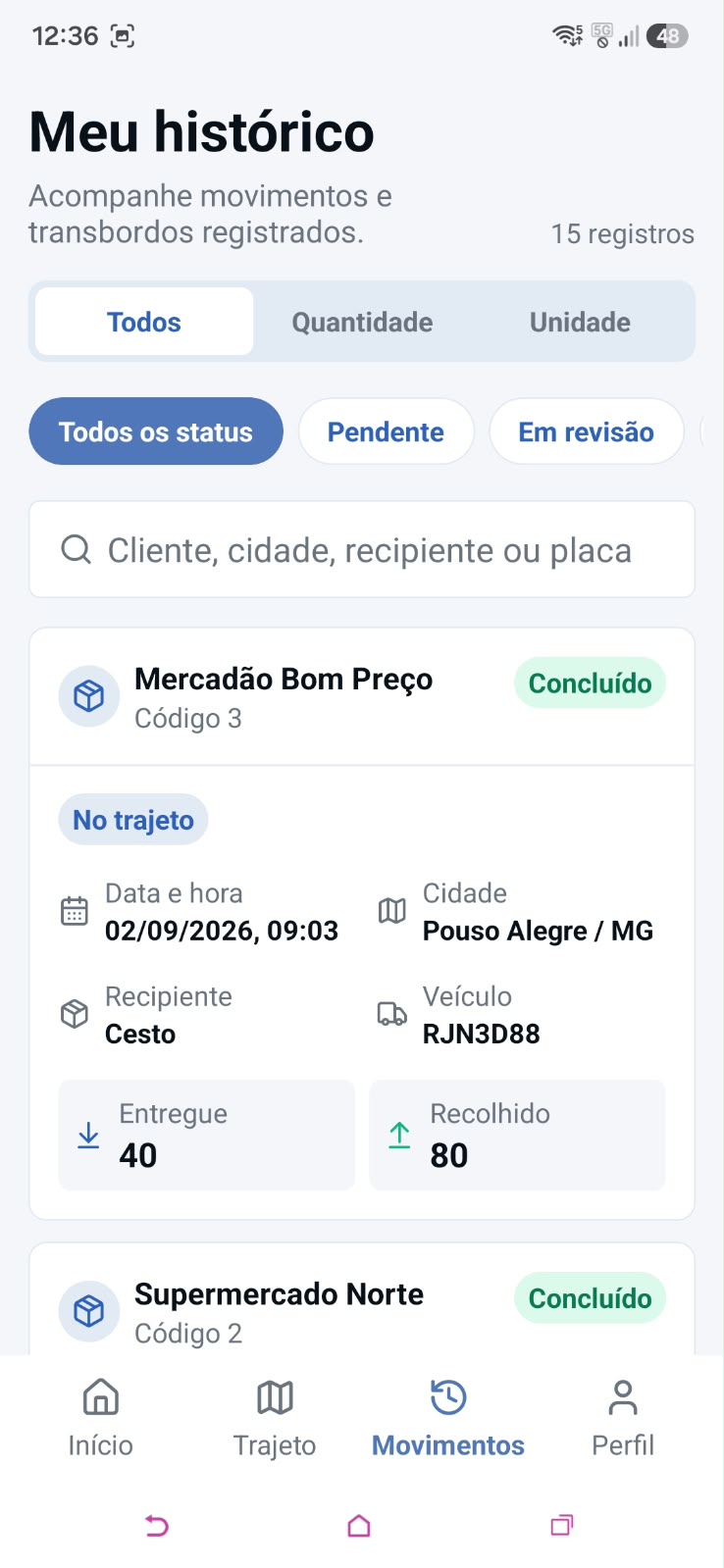 Histórico de movimentações no aplicativo TrackAssets