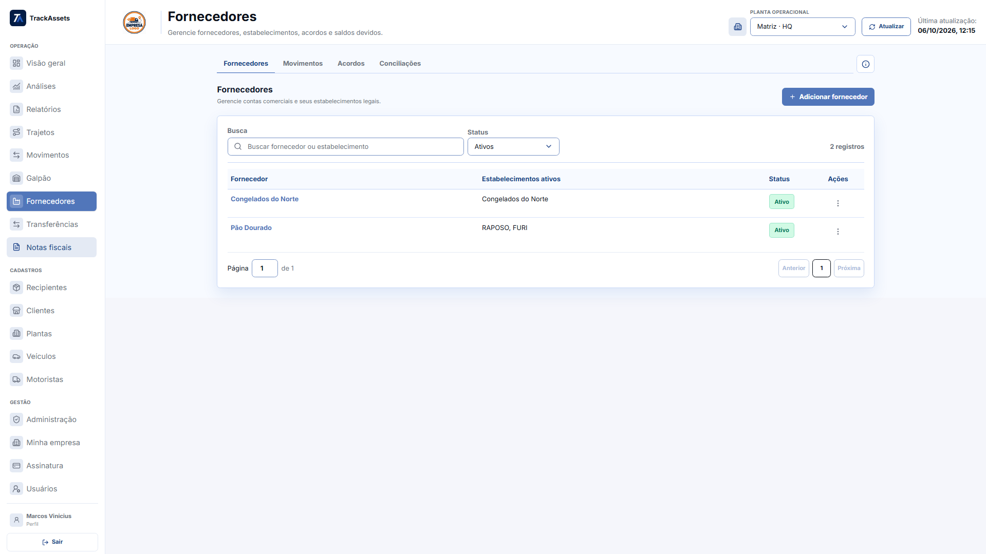 TrackAssets: fornecedores